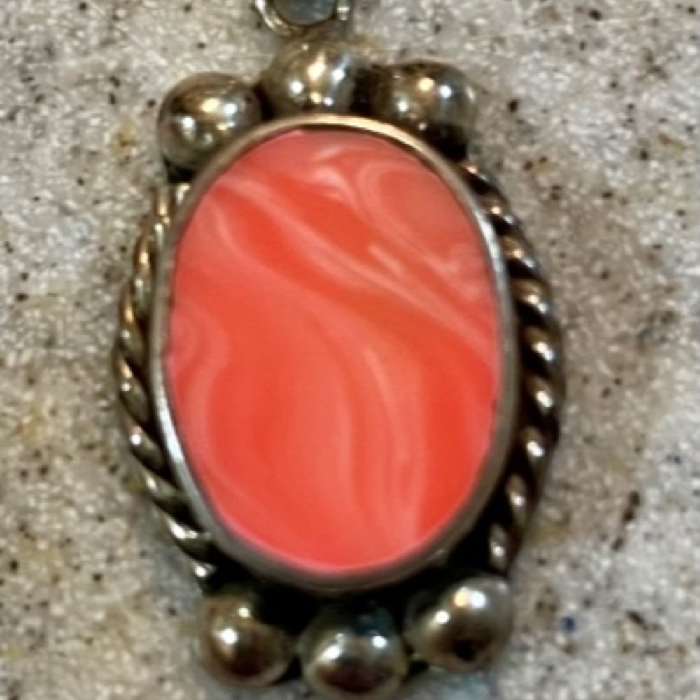 Sterling Silver Pendant w/peach orange stone inlay intricate bead Boho Vintage
